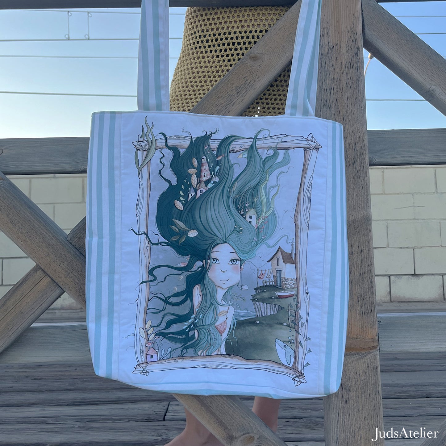 Bolsa Tote de gran capacidad con ilustración de sirena – Hecha a mano y única