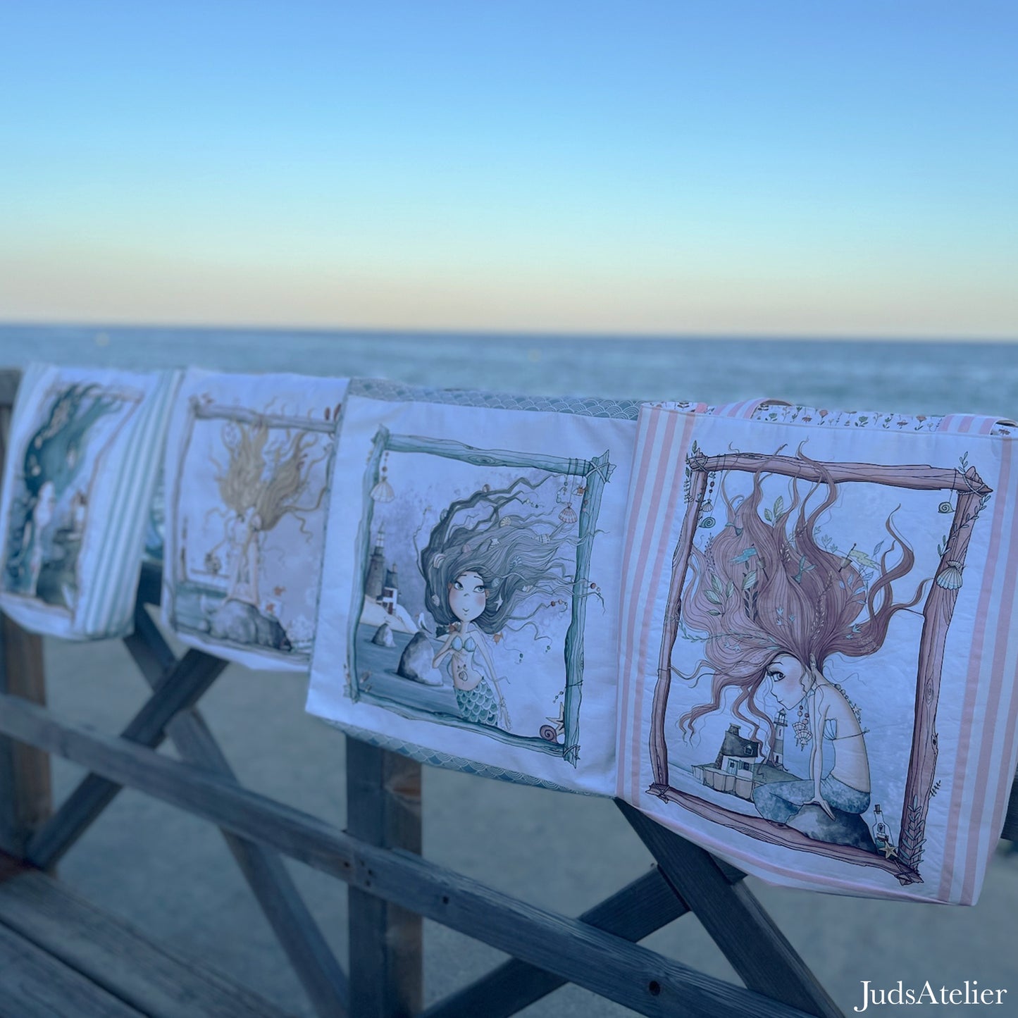 Bolsa Tote de gran capacidad con ilustración de sirena – Hecha a mano y única