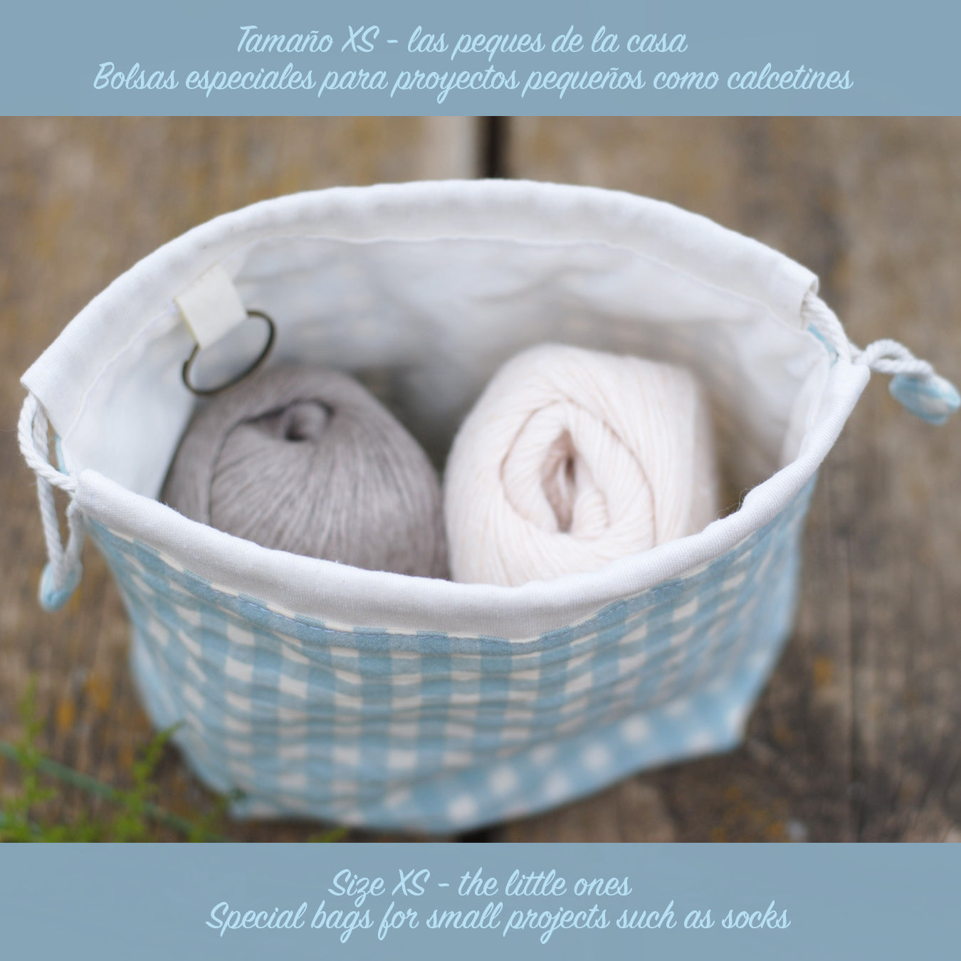 Bolsa de labores modelo ENSUEÑO en tela vichy azul empolvado