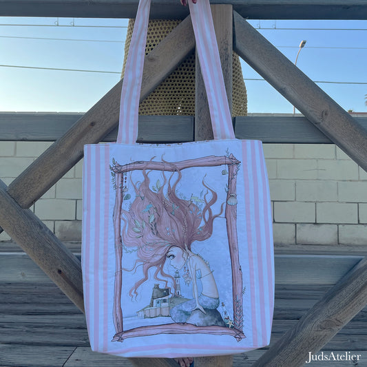 Bolsa Tote de gran capacidad con ilustración de sirena – Hecha a mano y única
